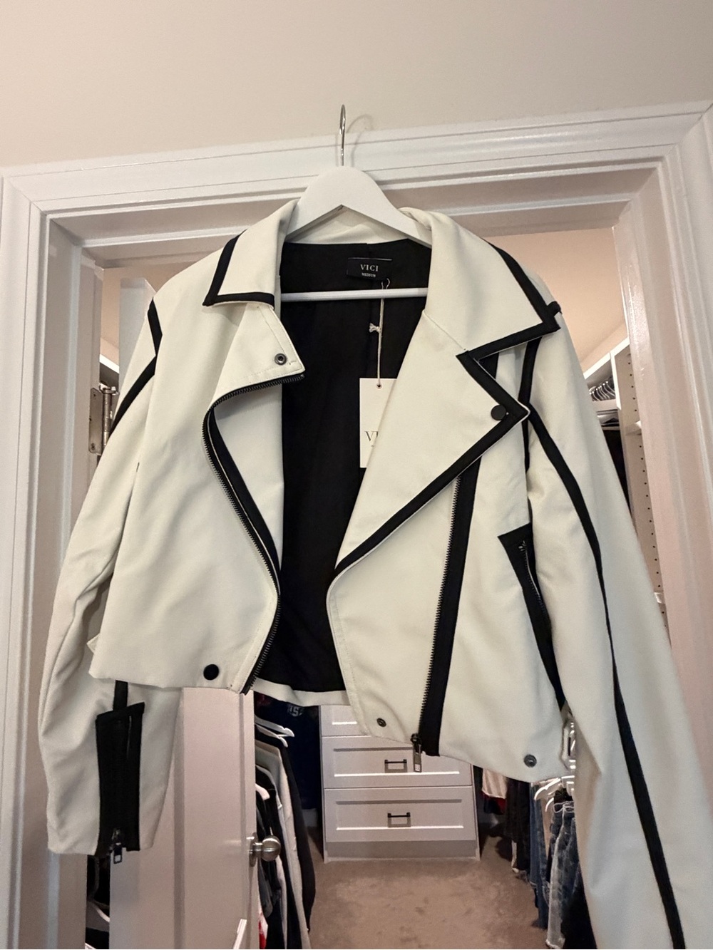 VICI White Cropped Leather Moto Jacket with Black Trim